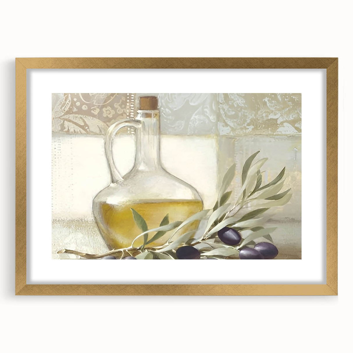 Extra large abstract art print featuring textured fruits in muted gold, framed, ideal for living room decor.