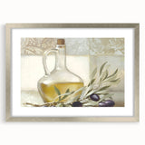 Textured art print of abstract fruits in vibrant colors, framed in silver, ideal for bedroom wall decor.