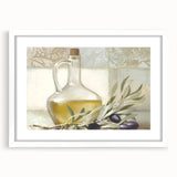 Abstract art print of assorted fruits in vibrant colors, framed with a white mat, suitable for dining room decor.