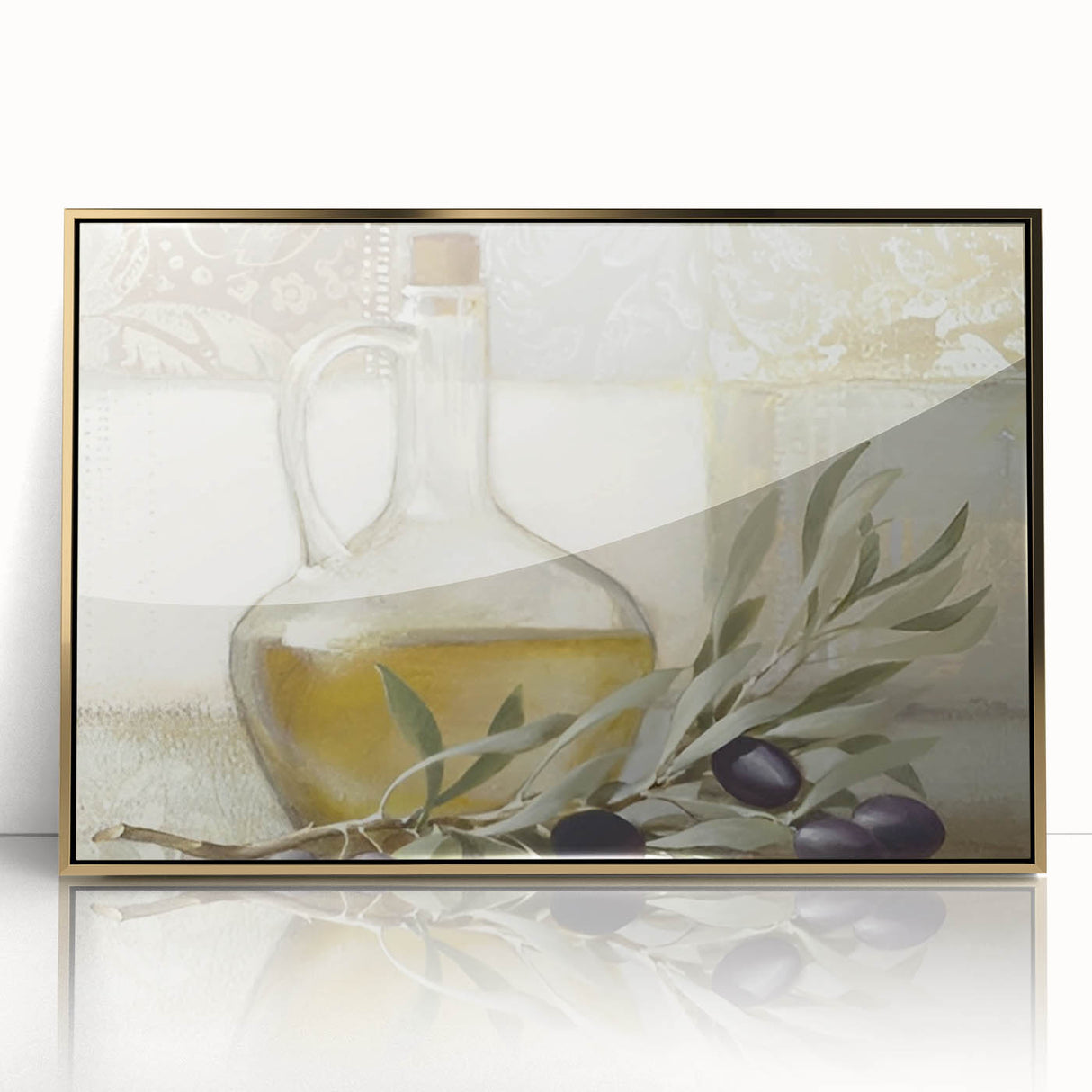 Large art print of assorted fruits in bold colors on a gold-framed acrylic, ideal for modern kitchen decor.
