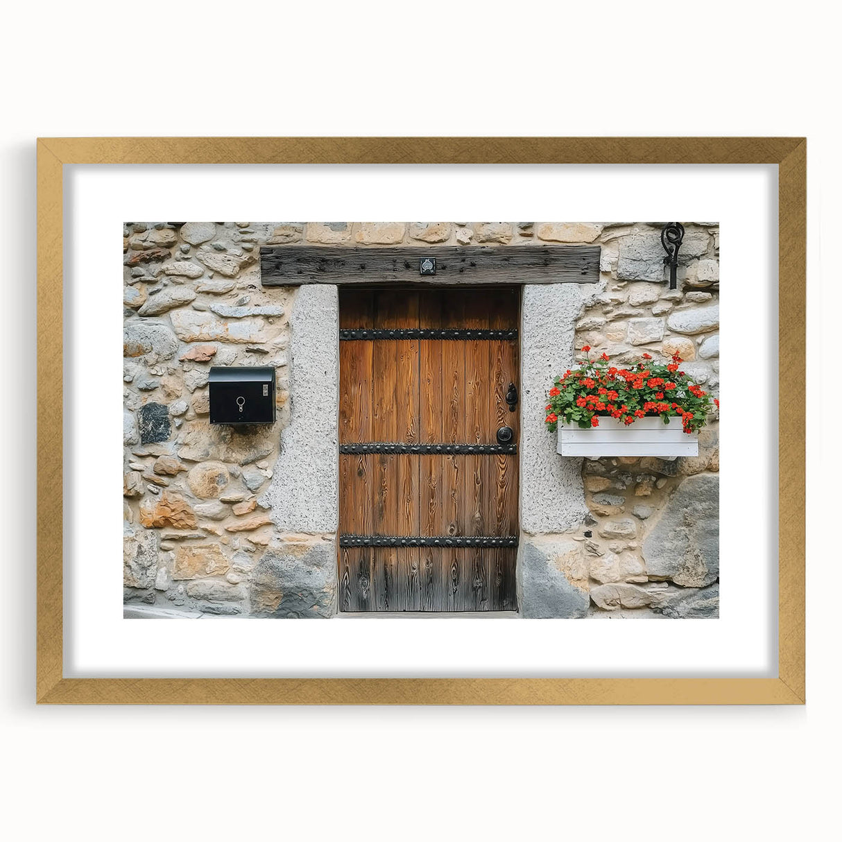 Barn frame landscape artwork with a gold mat, showcasing a serene rural scene, perfect for home décor. The frame adds elegance and sophistication.