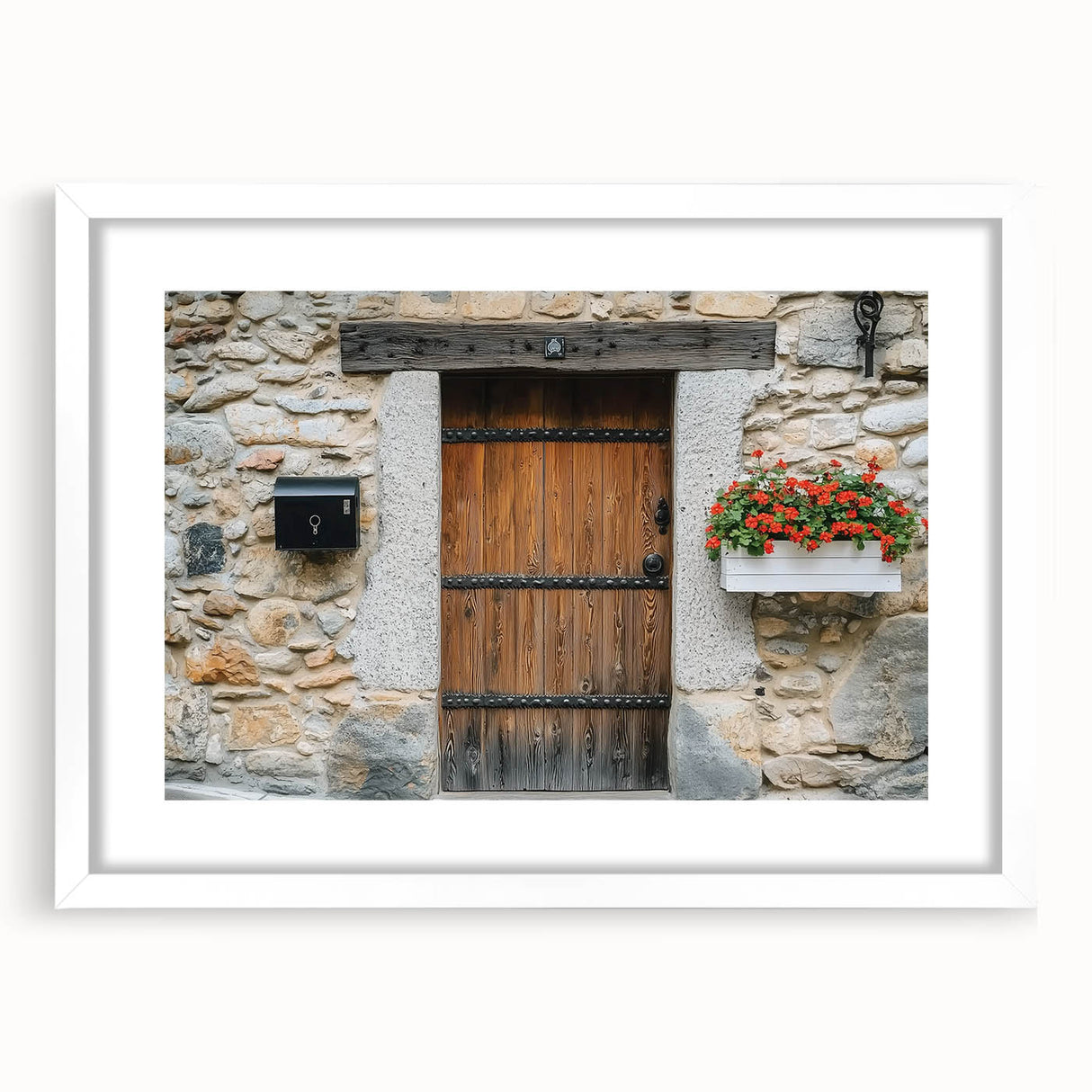Barn frame landscape artwork displayed in a white mat, showcasing a rustic design with a natural wood finish. Ideal for home decor, living rooms, or offices.