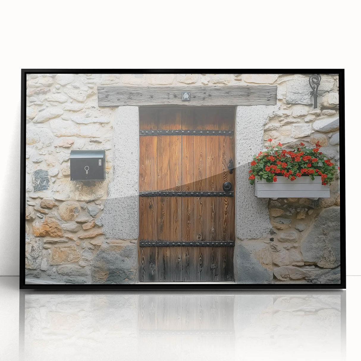 Black-framed acrylic art piece showcasing a scenic landscape with a barn, emphasizing vibrant colors and detailed brushwork, ideal for rustic home decor.