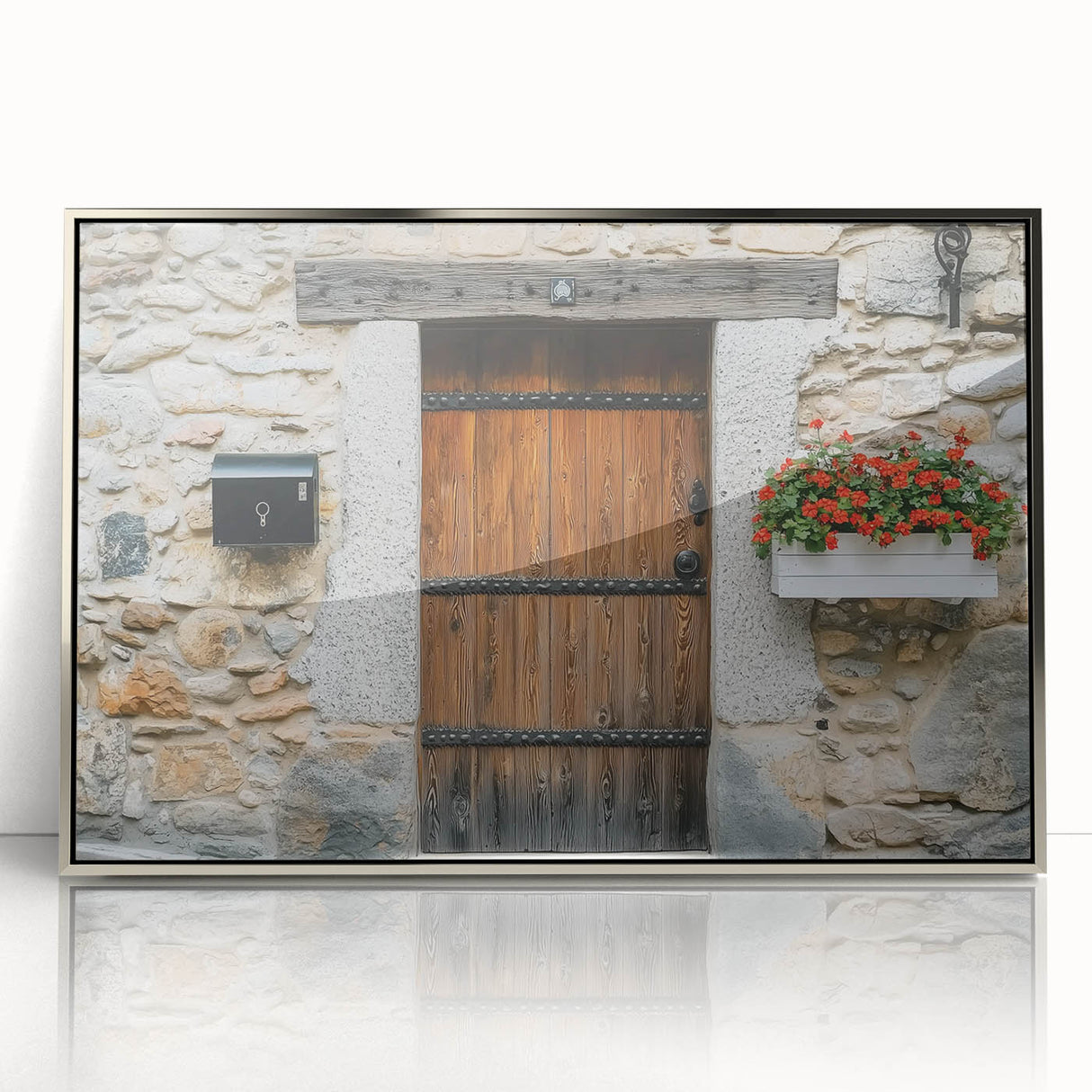 Framed acrylic landscape artwork showcasing a serene barn scene with silver accents, ideal for rustic home decor. Perfect for adding charm to any room.