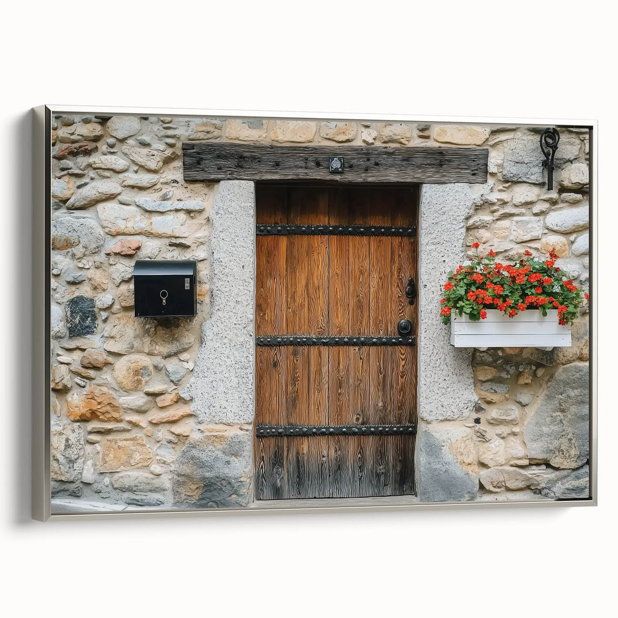 Landscape barn art canvas with a sleek silver frame, showcasing a rustic barn scene surrounded by vibrant greenery, perfect for home decor accents.