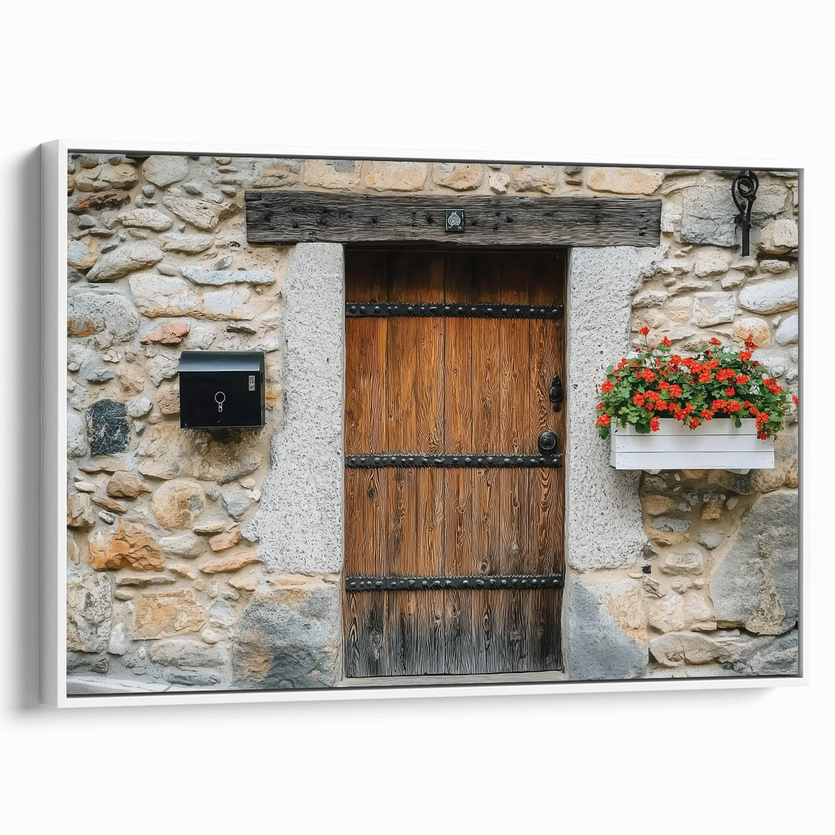 Barn landscape canvas print in a white frame, showcasing serene countryside scenery with vibrant colors and detailed textures, ideal for home decor.