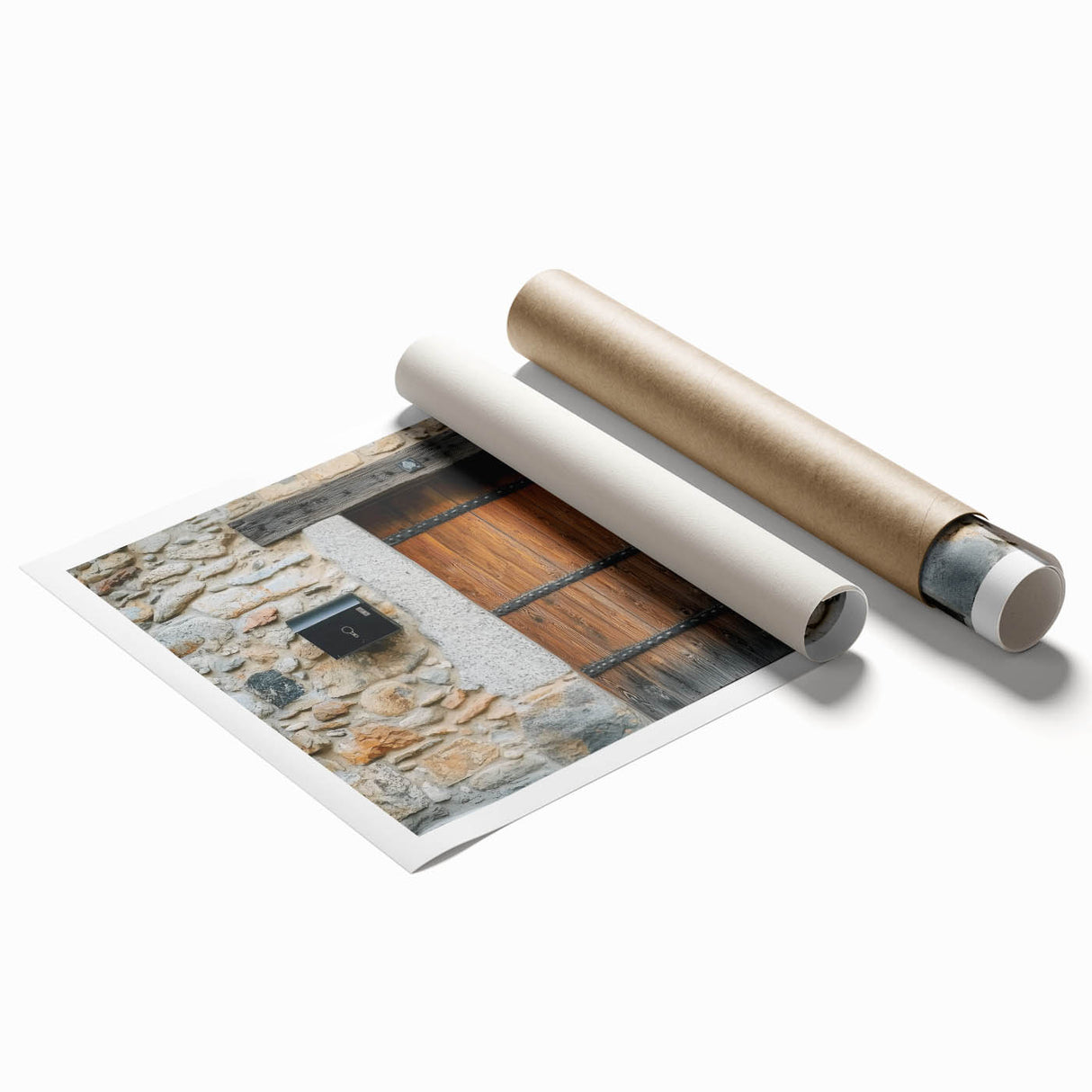 Rolled landscape print showcasing a rustic barn scene with vibrant colors and detailed textures, elegantly packaged in a protective cardboard tube for safe delivery.
