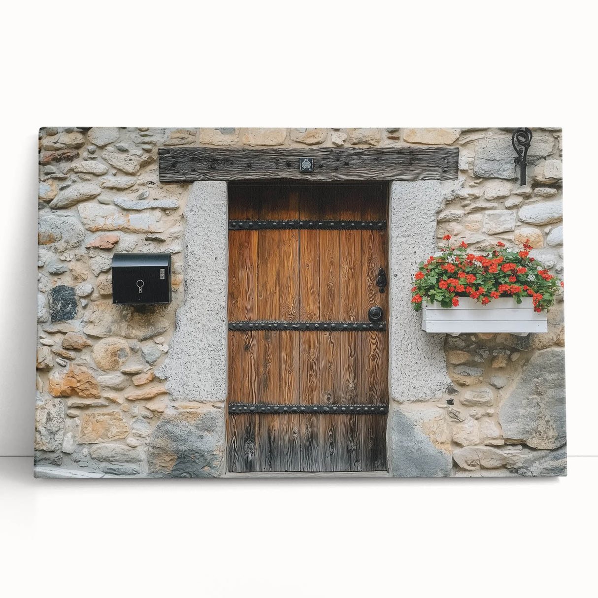 Landscape barn art on stretched canvas, showcasing a rustic red barn surrounded by lush greenery and clear blue skies. Perfect for farmhouse decor enthusiasts.