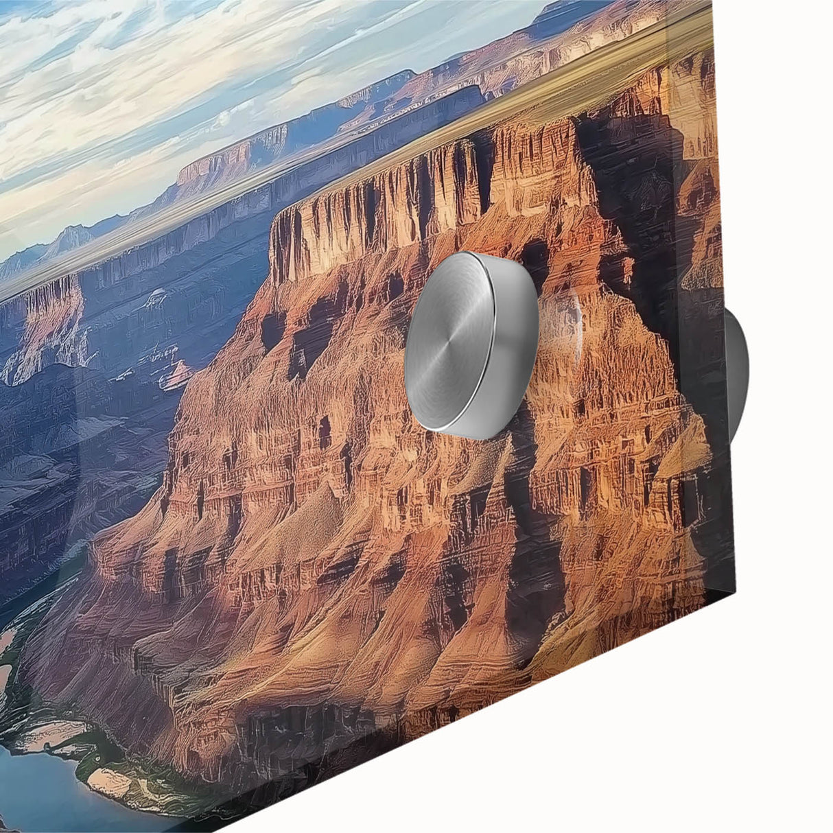 Close-up view of a vibrant landscape artwork depicting canyons, printed on acrylic glass, showcasing vivid colors and intricate details, ideal for modern home decor.
