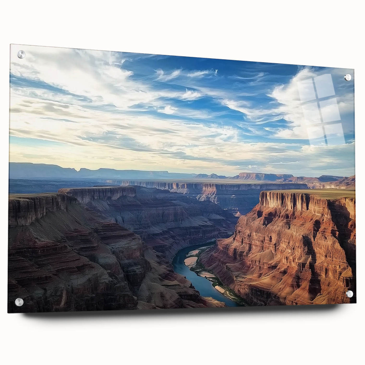 Acrylic glass artwork depicting a stunning landscape of canyons, showcasing rich earth tones and intricate textures, displayed with visible pins for mounting.