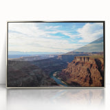 Framed acrylic artwork depicting vibrant canyons in a silver frame, showcasing rich colors and intricate details, perfect for enhancing modern home decor.