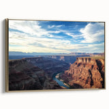 Framed canvas artwork depicting a stunning landscape of canyons, featuring rich gold accents and a side view that highlights the intricate details and textures. Ideal for home decor enthusiasts seeking nature-inspired art.