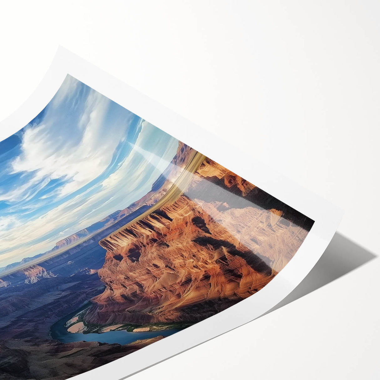 Vibrant landscape print depicting majestic canyons in warm earth tones, rolled and ready for framing, showcasing detailed textures and natural beauty.