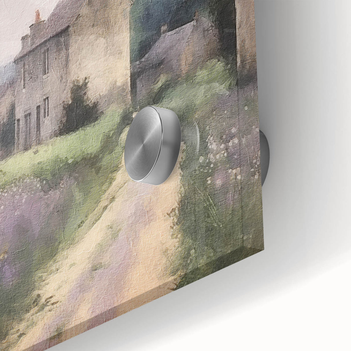 Close-up of vibrant landscape wall art featuring a serene countryside scene, printed on acrylic glass, showcasing lush greenery and soft blue skies, ideal for home decor.