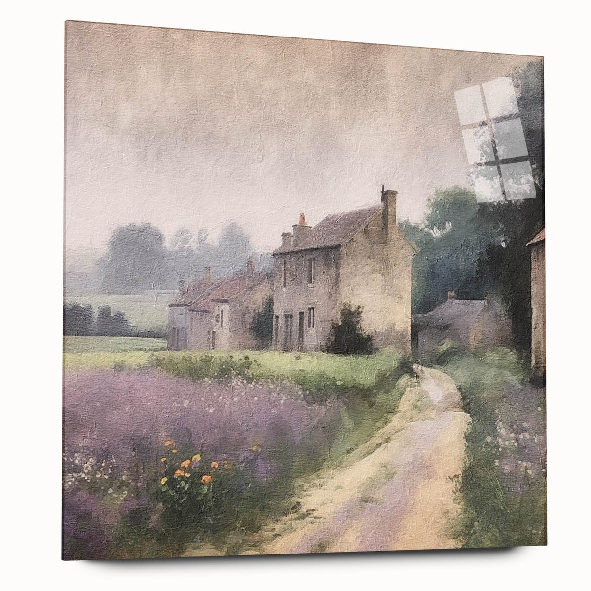 Landscape wall art showcasing a serene countryside scene, printed on acrylic glass with a sleek side view, perfect for elevating home decor and creating a tranquil ambiance.