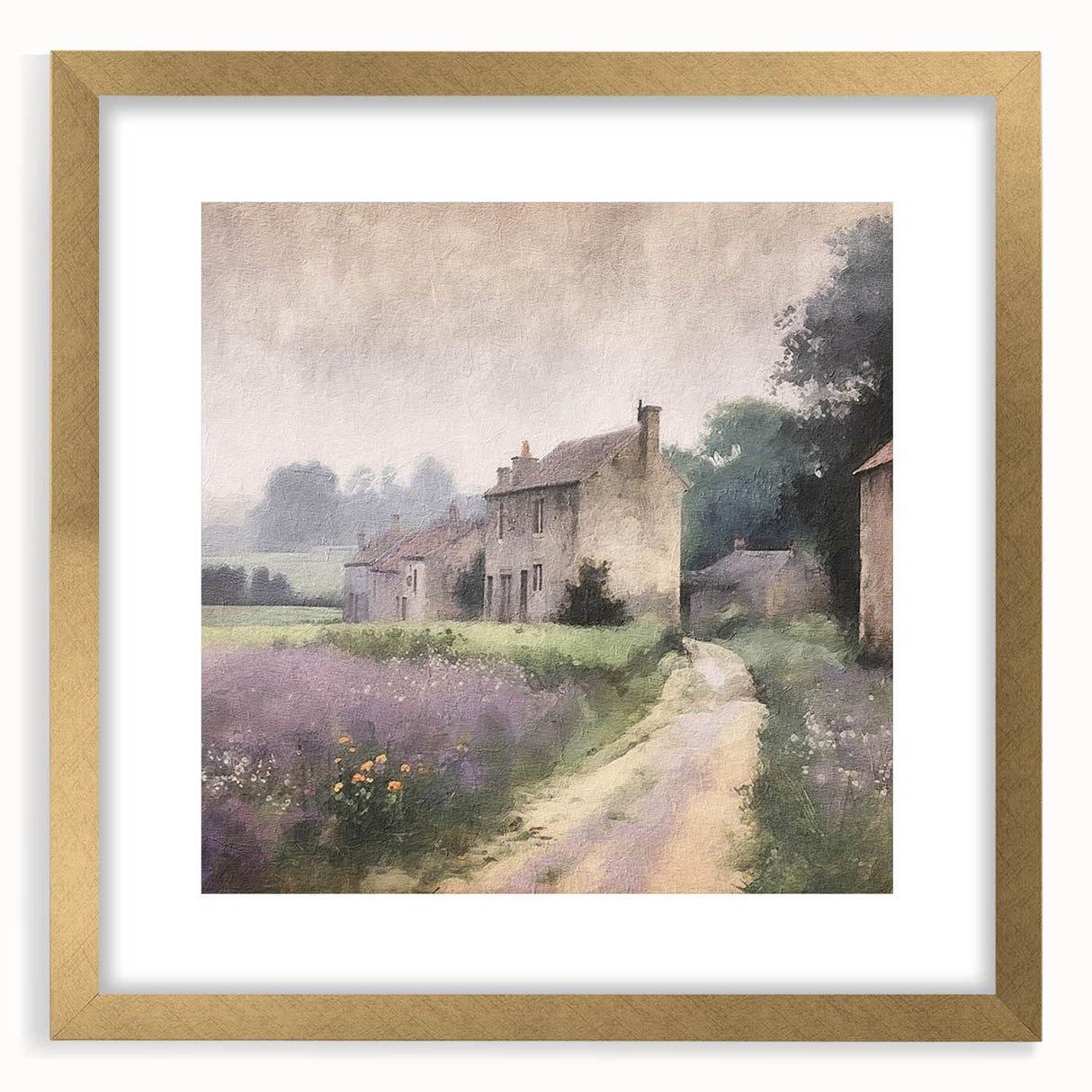 Landscape wall art featuring a scenic countryside view, elegantly framed with a gold mat, showcasing vibrant colors and intricate details, perfect for home decor.