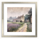Framed landscape wall art depicting a serene countryside scene, featuring silver matting and modern design elements, ideal for home decor enhancement.