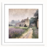 Framed landscape wall art depicting a serene countryside scene with vibrant green fields and a blue sky, featuring a white mat for a polished look. Ideal for home decor.