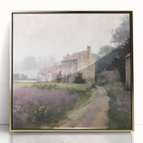 Framed wall art depicting a serene landscape of rolling countryside, featuring vibrant green fields and a clear blue sky, accented with a stylish gold frame.