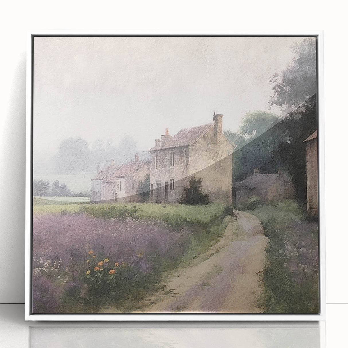 Framed acrylic wall art depicting a serene countryside landscape with vibrant green fields, blue skies, and a tranquil atmosphere, perfect for home decor.