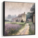 Framed canvas wall art depicting a serene countryside landscape with vibrant greens and blues, showcasing a black frame that enhances its rustic charm. Ideal for home decor.