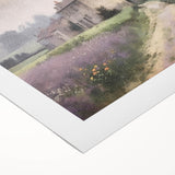 Landscape wall art on rolled canvas showcasing a serene countryside scene with lush green fields and a vibrant sunset, perfect for home decor.