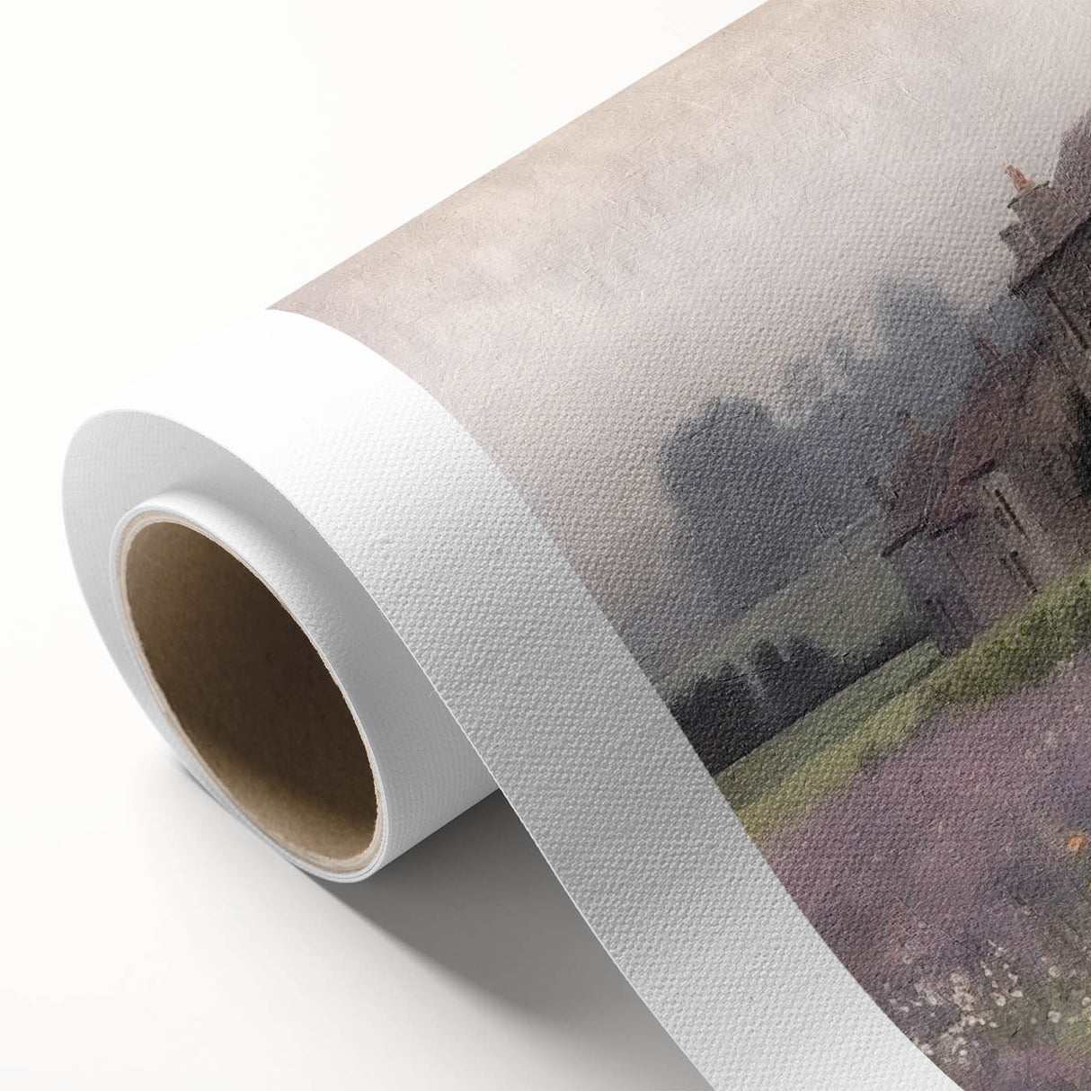 Scenic landscape wall art on rolled canvas depicting a tranquil countryside scene with lush green fields and a bright blue sky, ideal for home decor.