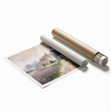 Vibrant countryside wall art print showcasing rolling hills and a tranquil sunset, rolled and ready for display in a protective cardboard tube, ideal for home decor.
