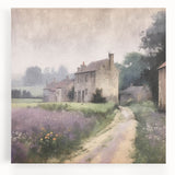 Stretched canvas wall art depicting a serene countryside landscape with vibrant green fields, blue skies, and distant mountains, perfect for home decor.