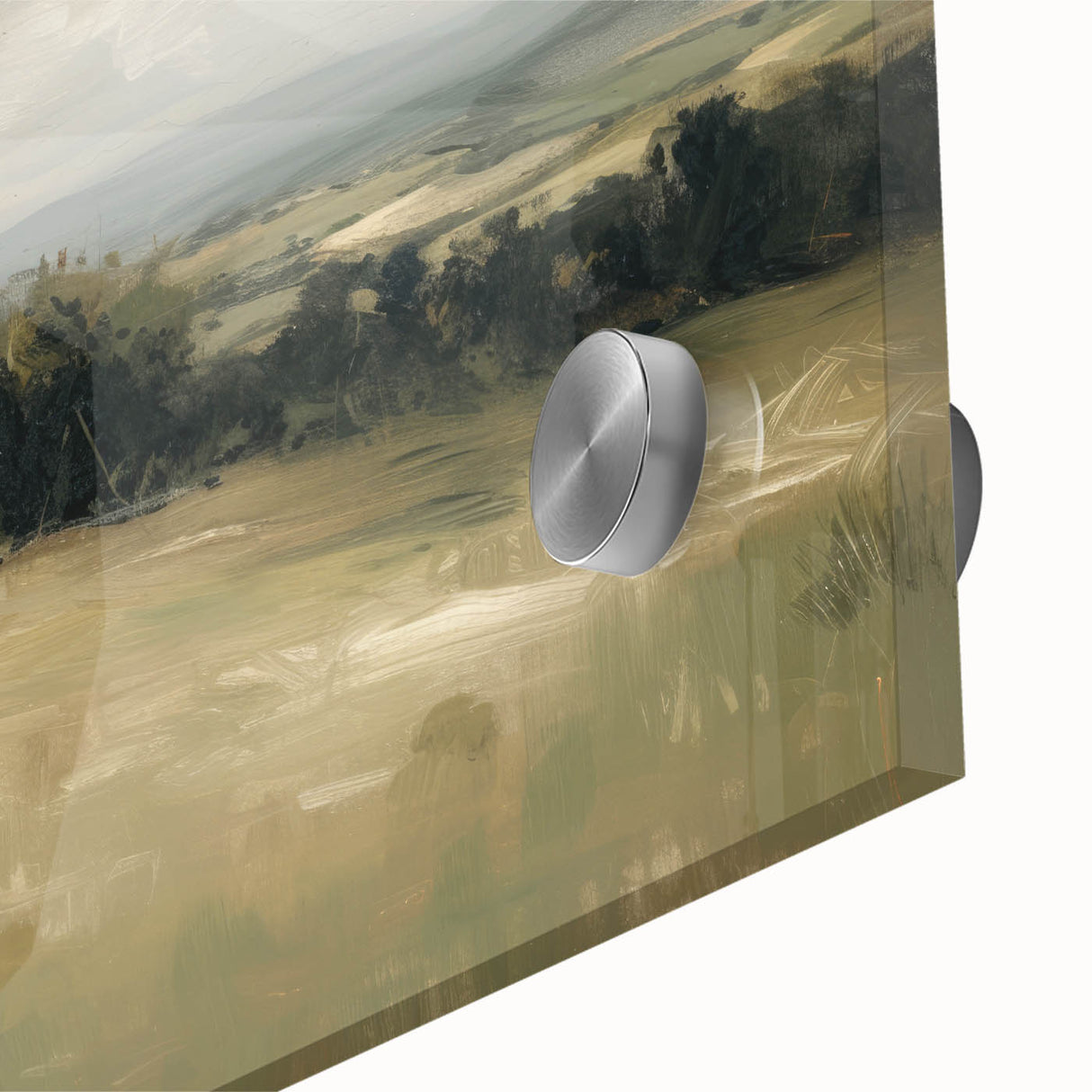 Close-up of a vibrant acrylic glass artwork depicting abstract landscapes, showcasing rich colors and intricate details, perfect for modern home decor.