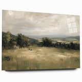 Acrylic glass artwork showcasing a vibrant landscape design viewed from the side, highlighting its sleek edges and modern aesthetic, perfect for contemporary decor.