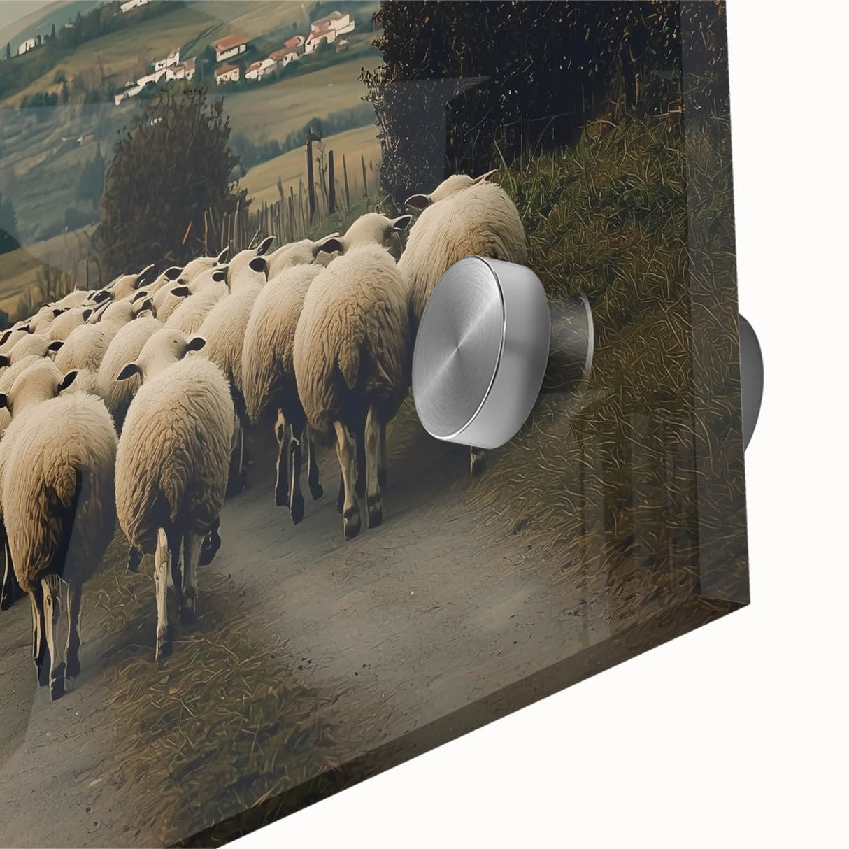 Close-up of a vibrant acrylic landscape artwork showcasing serene countryside scenery, with rich greens and soft blues, designed for home decor and artistic ambiance.