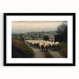 Black-framed landscape artwork featuring a serene countryside view with lush greenery and rolling hills, elegantly matted for a polished presentation.