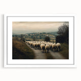 Framed countryside landscape artwork in a white mat, showcasing vibrant green fields and a serene blue sky, ideal for home decor enhancement.