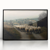 Framed acrylic artwork depicting a serene countryside landscape with lush greenery and rolling hills, set in a sleek black frame, perfect for home decor.