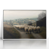 Framed acrylic landscape artwork showcasing a serene countryside view, featuring vibrant greens and blues, set in a sleek white frame, ideal for home decor.