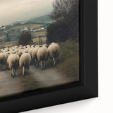 Framed canvas art depicting a serene countryside landscape with rolling hills, vibrant greenery, and a clear blue sky, perfect for home decor.