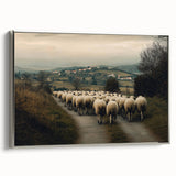 Framed canvas artwork depicting a serene countryside landscape with vibrant greens and blues, showcasing a silver frame that enhances its aesthetic appeal.