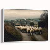 Framed canvas artwork depicting a serene countryside landscape with rolling hills and vibrant greenery, showcasing a white frame from a side view, perfect for home decor.