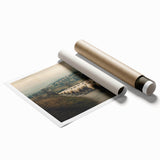 Rolled print showcasing a vibrant countryside landscape with rolling hills and a clear blue sky, elegantly packaged in a protective cardboard tube for easy storage.