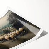 Rolled print showcasing a serene countryside landscape with lush green fields and a vibrant blue sky, elegantly packaged in a protective cardboard tube for safe transport.