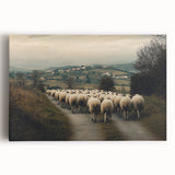 Stretched canvas artwork depicting a serene countryside landscape with rolling hills, lush greenery, and a tranquil sky, ideal for home or office decor.