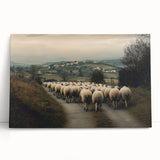 Stretched canvas artwork depicting a serene countryside landscape with rolling hills, vibrant greenery, and a clear blue sky, ideal for home decor.