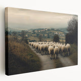 Stretched canvas artwork showcasing a serene countryside landscape with rolling hills, vibrant green fields, and a clear blue sky, ideal for home decor.