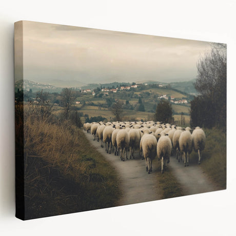 Stretched canvas artwork showcasing a serene countryside landscape with rolling hills, vibrant green fields, and a clear blue sky, ideal for home decor.