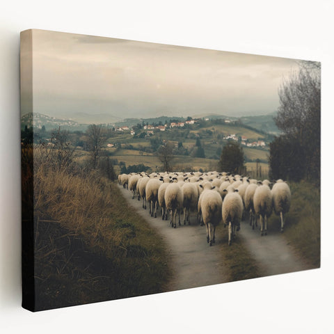 Stretched canvas artwork showcasing a serene countryside landscape with rolling hills, vibrant green fields, and a clear blue sky, ideal for home decor.
