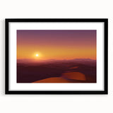 Desert landscape framed art piece with a black mat, showcasing warm tones of orange and beige, perfect for modern home decor in living rooms or offices.