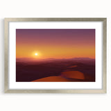 Framed desert landscape artwork with a silver mat, showcasing vibrant colors and intricate details, perfect for modern home decor and art enthusiasts.