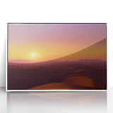 Framed acrylic artwork depicting a vibrant desert landscape with warm tones of orange and yellow, set in a sleek white frame, perfect for modern home decor.