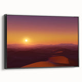 Framed canvas art depicting a serene desert landscape, featuring warm hues of orange and gold, with a sleek black frame highlighting its modern aesthetic.